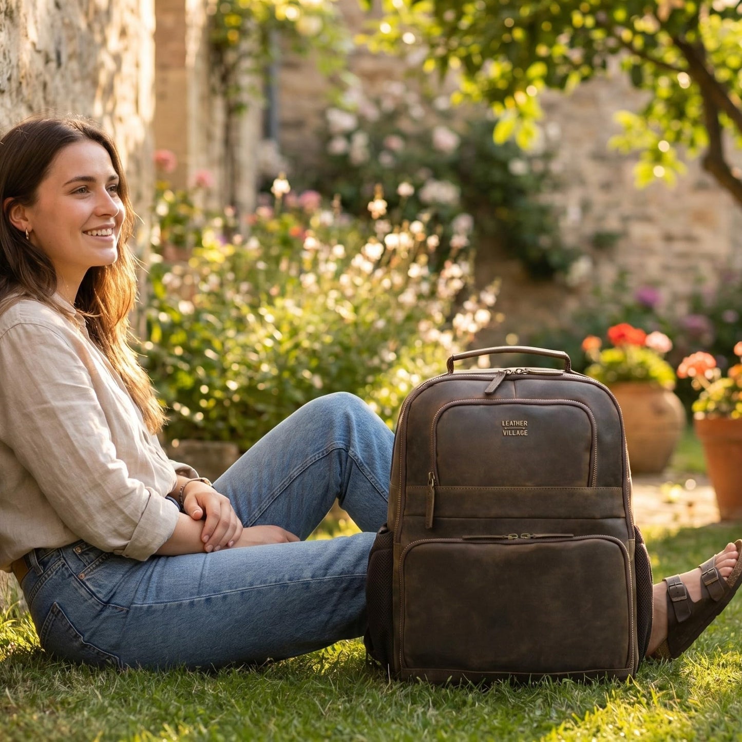 LEATHER VILLAGE Vintage Leather Laptop Backpack for Men & Women, Professional Business Bag Fits 17”- Laptop, Travel Hiking Daypack with Trolley Strap - Distressed Brown