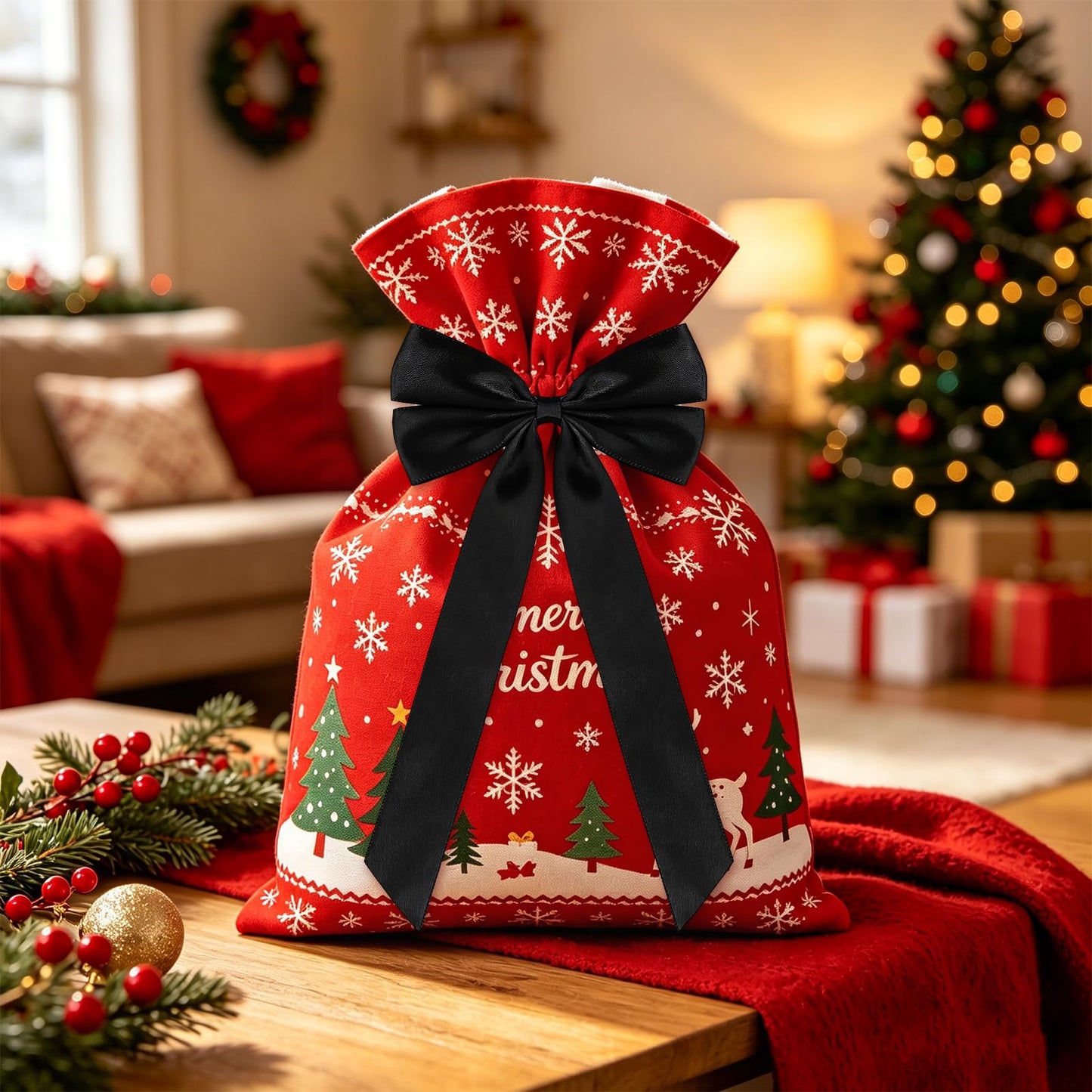 50Pcs Black Satin Bows for Christmas Tree, 4 x 8 inch Xmas Ornaments with Pre-Made Twist Ties & Self-Adhesive, for Tree Cabinet Front Door Wreath Holiday Home Decor