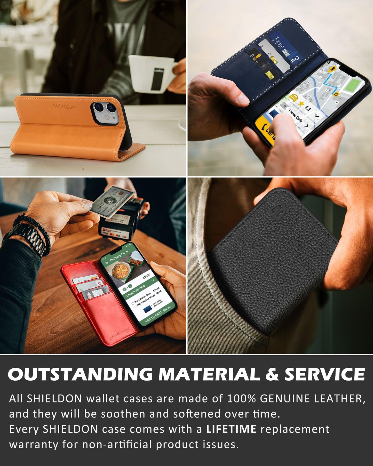 SHIELDON Wallet Case for iPhone 12 5G, Genuine Leather Folio Case Magnetic Shock Absorbing Cover RFID Blocking Credit Card Holder Kickstand Compatible with iPhone 12/12 Pro 6.1" - Retro Brown