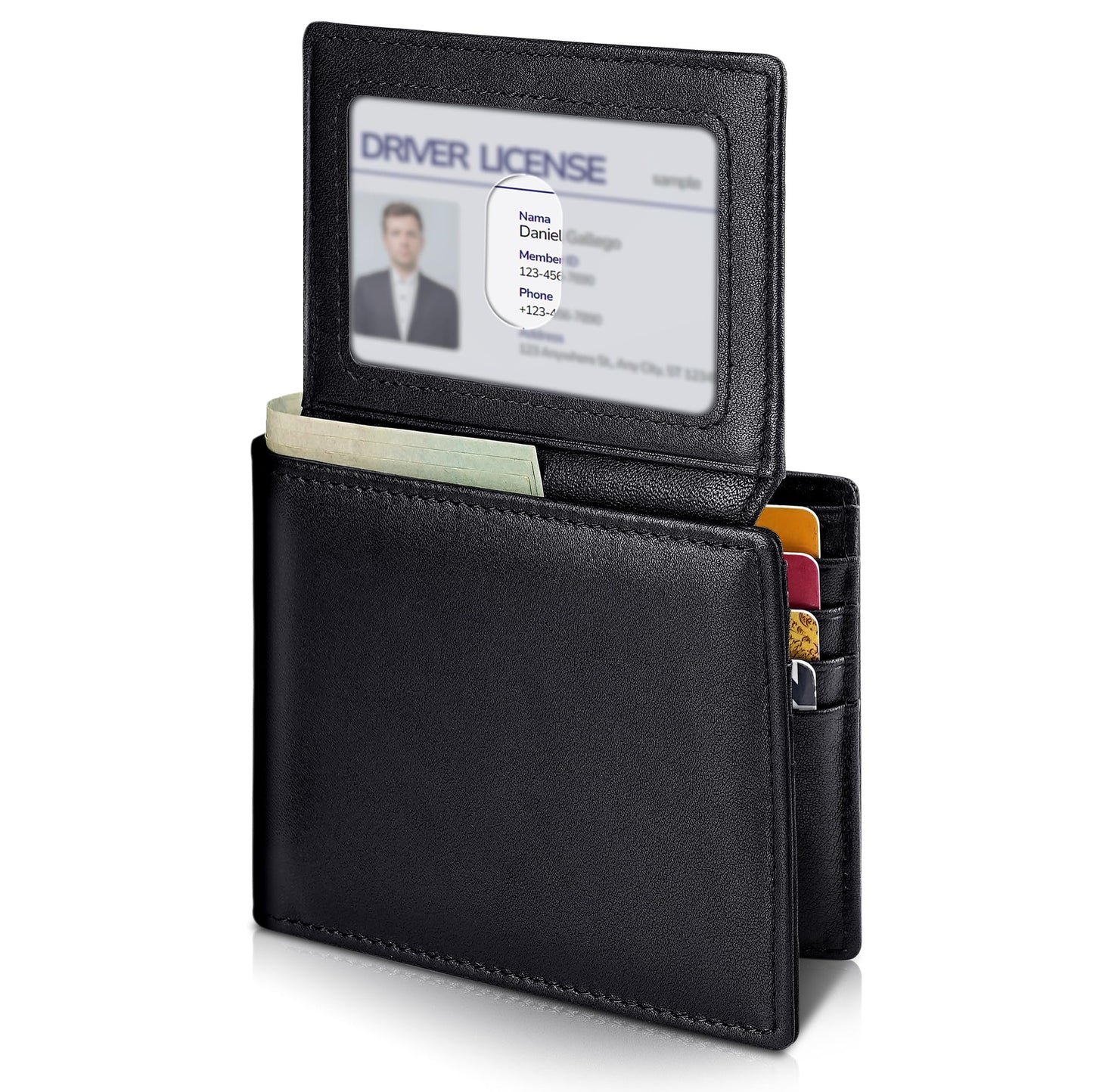 Plinvo Men's Genuine Leather Bifold Wallet RFID Blocking with 2 ID Windows 11 Card Slots 2 Cash Pockets & Gift Box (Black)