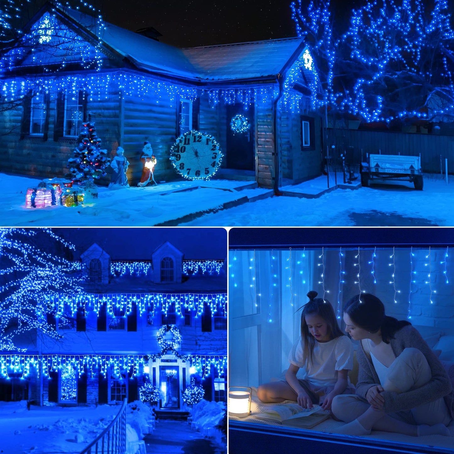 oopswow Icicle Lights Outdoor Decorations 300 LED 33ft 8 Modes Curtain Fairy String Light with 50 Drops, LED String Light Indoor for Wedding Party Holiday Christmas Decorations,Blue+White