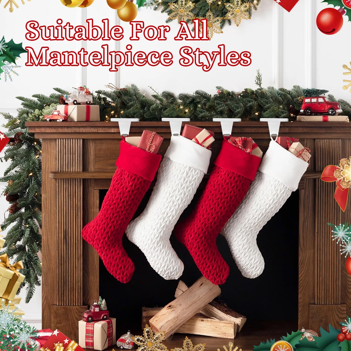 HMASYO Christmas Stocking Holders for Mantle Set of 4, White Heavy Duty Iron Stocking Hangers Base, Low Profile Weighted Stocking Holder Hooks for Fireplace Tabletop Shelf Christmas Decoration