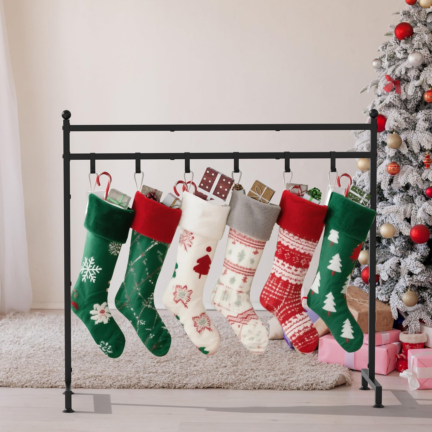 Livilord Christmas Stocking Holder Stand with 8 Hook, Heavy Duty Freestanding Christmas Stocking Stand for Floor, Metal Holiday Decor Hanger Display for Fireplace Xmas Holiday Decoration
