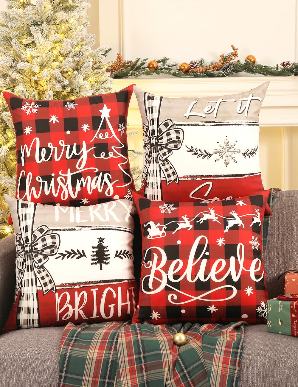 TOYPOPOR Christmas Decorations, Double Sided Throw Pillow Covers 18x18 Inches Set of 4, Christmas Tree, Snowflakes, Merry Christmas, Snowman Reindeer Cushion Case for Farmhouse Home Holiday Decor