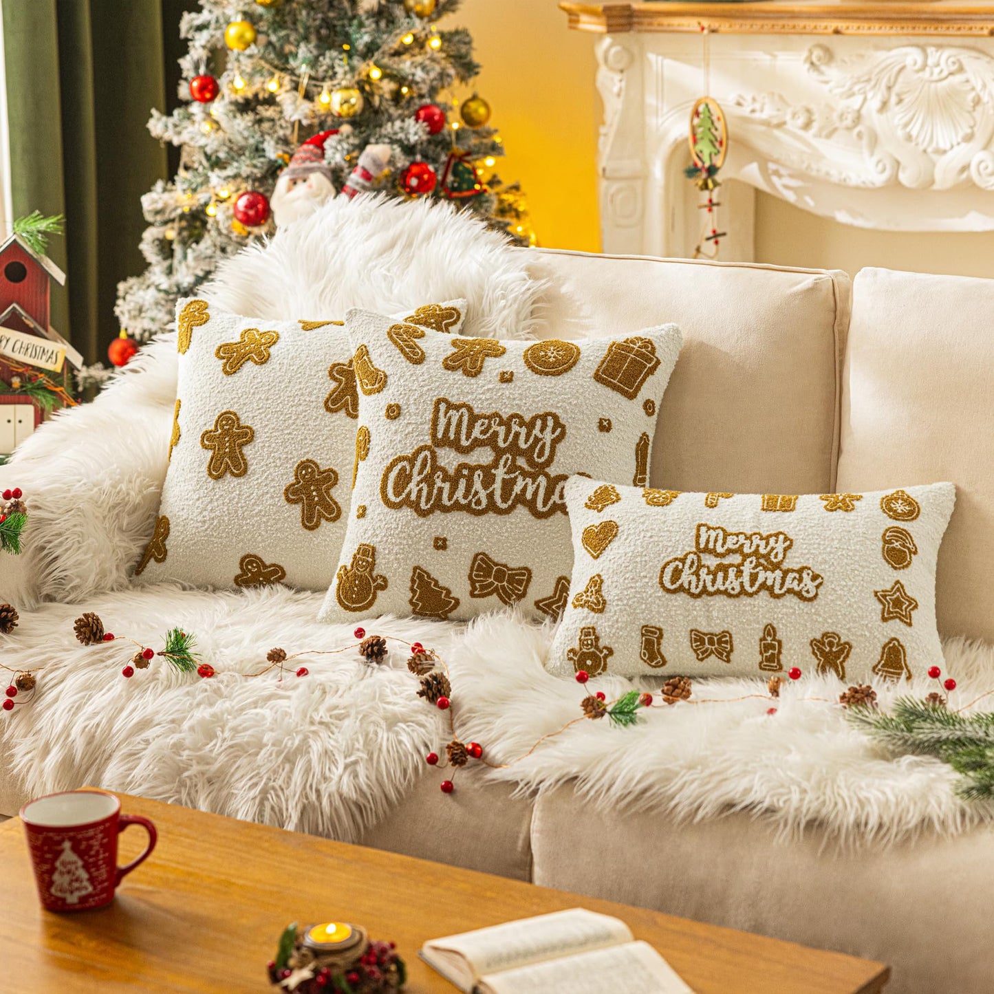 SINYASAN Christmas Pillow Cover 18x18 Inch 1 Pack White Boucle Gingerbread Shaped Cushion Cover, Fluffy Textured Decorative Throw Pillow Case for Couch Sofa Bed Living Room Porch Winter Home Décor