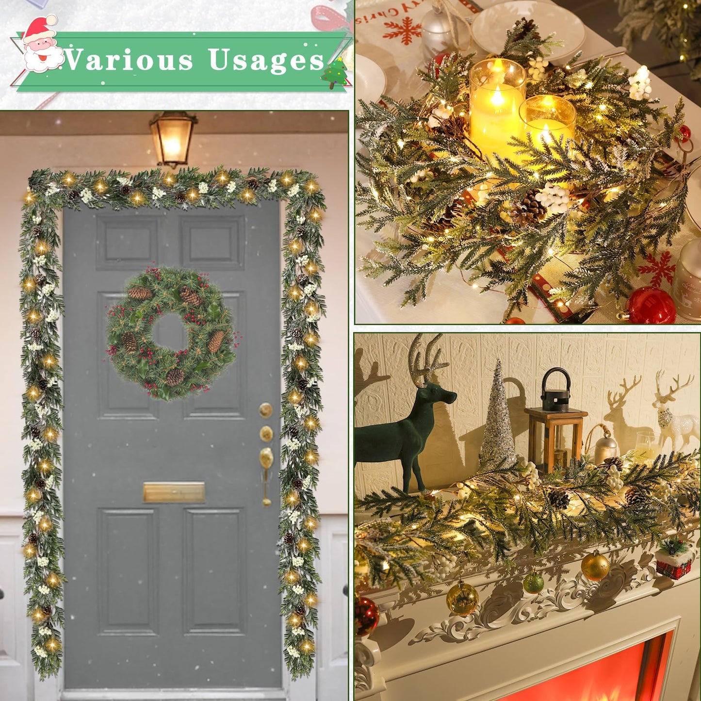 6FT Christmas Garland with Lights, Christmas Decorations Indoor Outdoor Pre-lit Artificial Pine Garland with Battery Operated Timer, Home Holiday Decor Flocked Garland for Mantel Window Stairs Wall