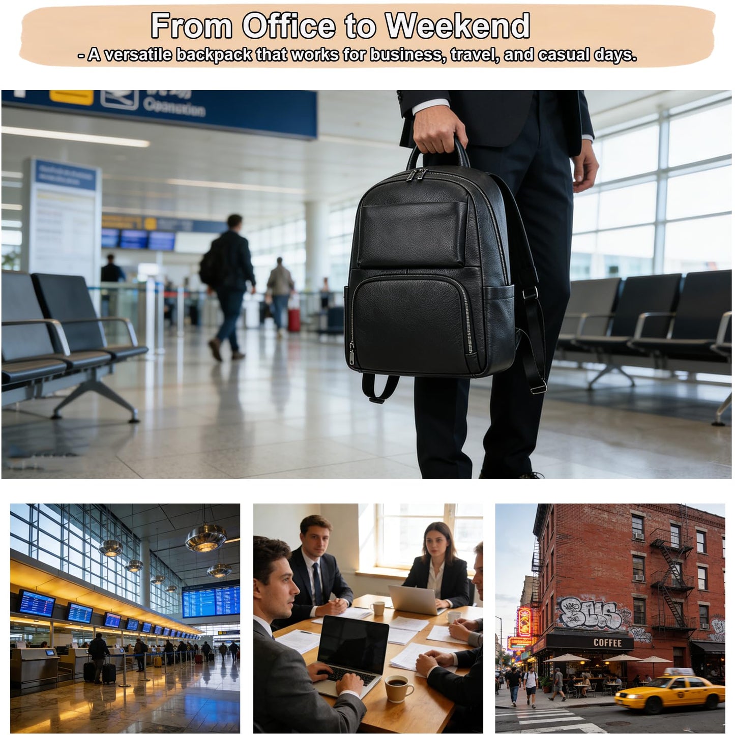 Yevabo Genuine Leather 15.6 Inch Laptop Backpack for Men, Multi Pocket Casual Daypack Shoulder Bag for Business Travel Outdoor, Black