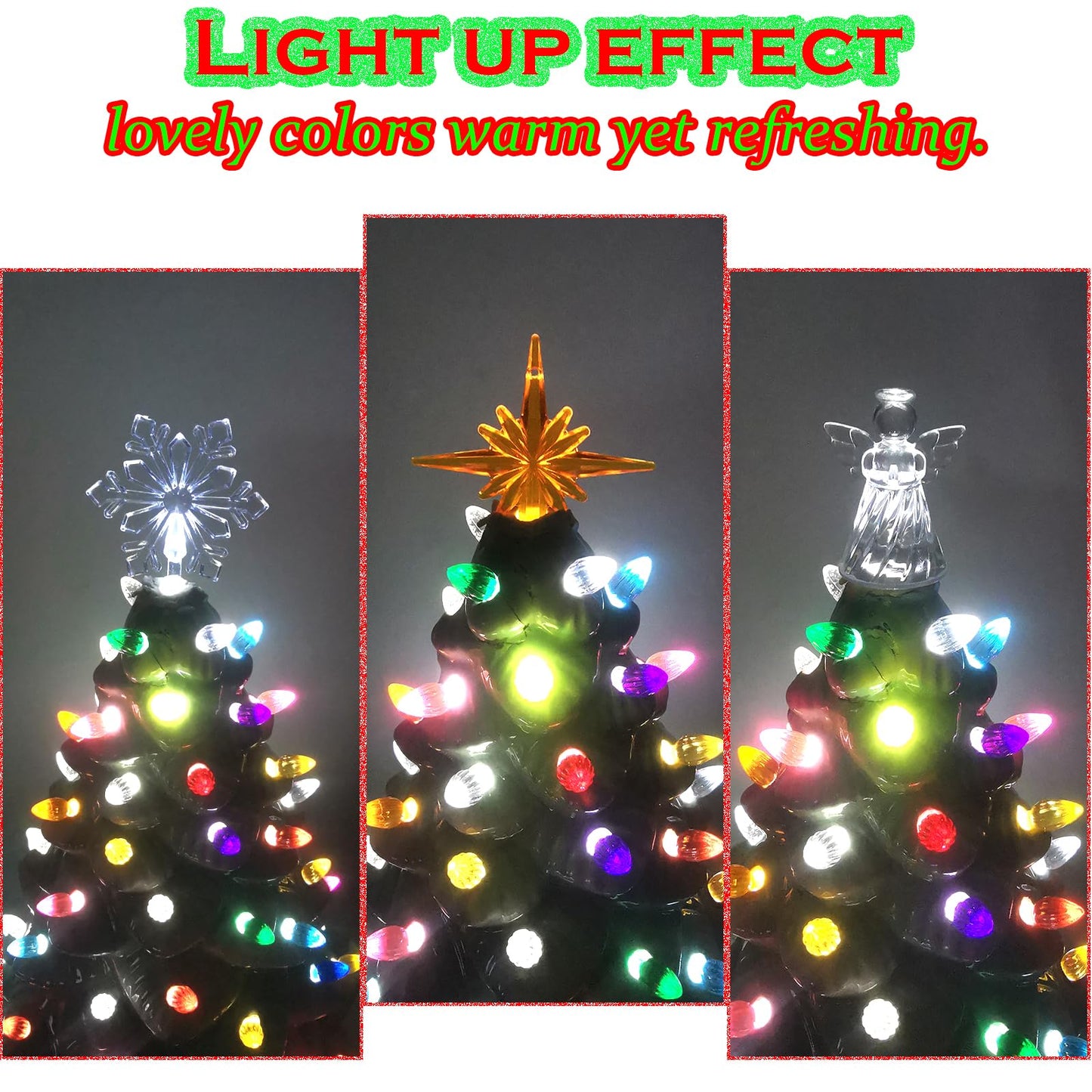 110Pcs in 10 Colors Ceramic Christmas Tree Replacement Bulbs - Plastic Lights Pegs, Included Angel Topper&Snowflake Top&Cross Stars.