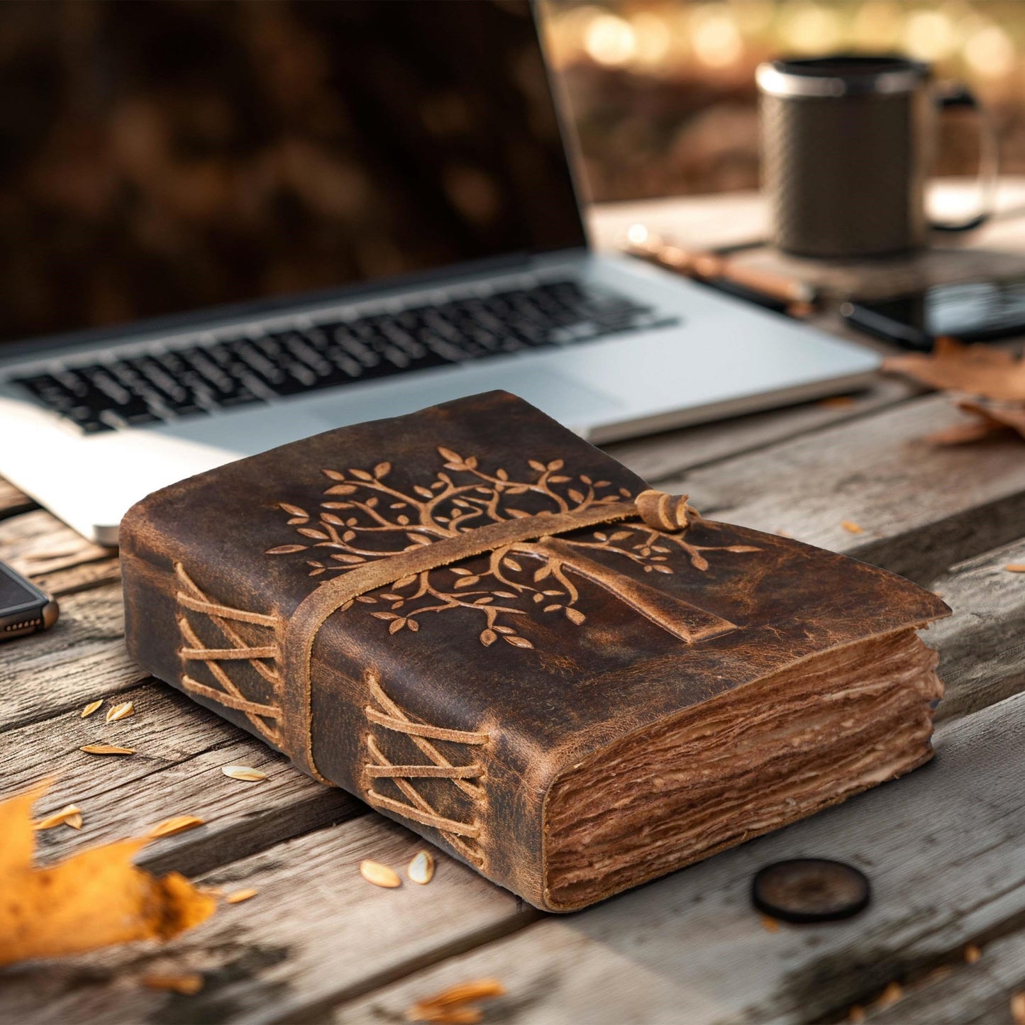 LEATHER VILLAGE Tree of Life Journal - 8 X 6 (A5) inches - Rustic Brown - 200 Antique Deckle Edge Handmade Paper – Book of Shadows - Vintage Leather Bound Journal for Women & Men
