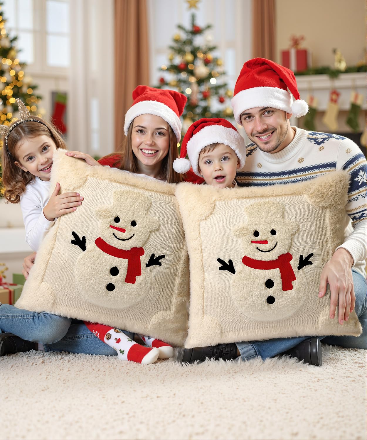 SEGXCFL Christmas Pillow Covers Set of 2 Soft Plush Faux Fur Pillow Cases 3D Embroidered Decorative Couch Cover Home Decor Christmas Throw Pillow Covers 18x18,Beige Snowman