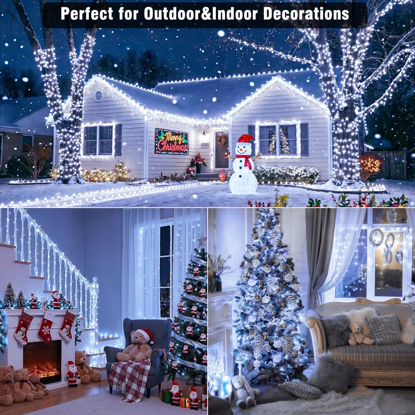 100ft White Christmas Lights Outdoor 300 LED String Lights Indoor Clear Wire Waterproof, 8 Modes Connectable Twinkle Fairy String Lights Plug in for Outside Room Bedroom Party Wedding Decorations