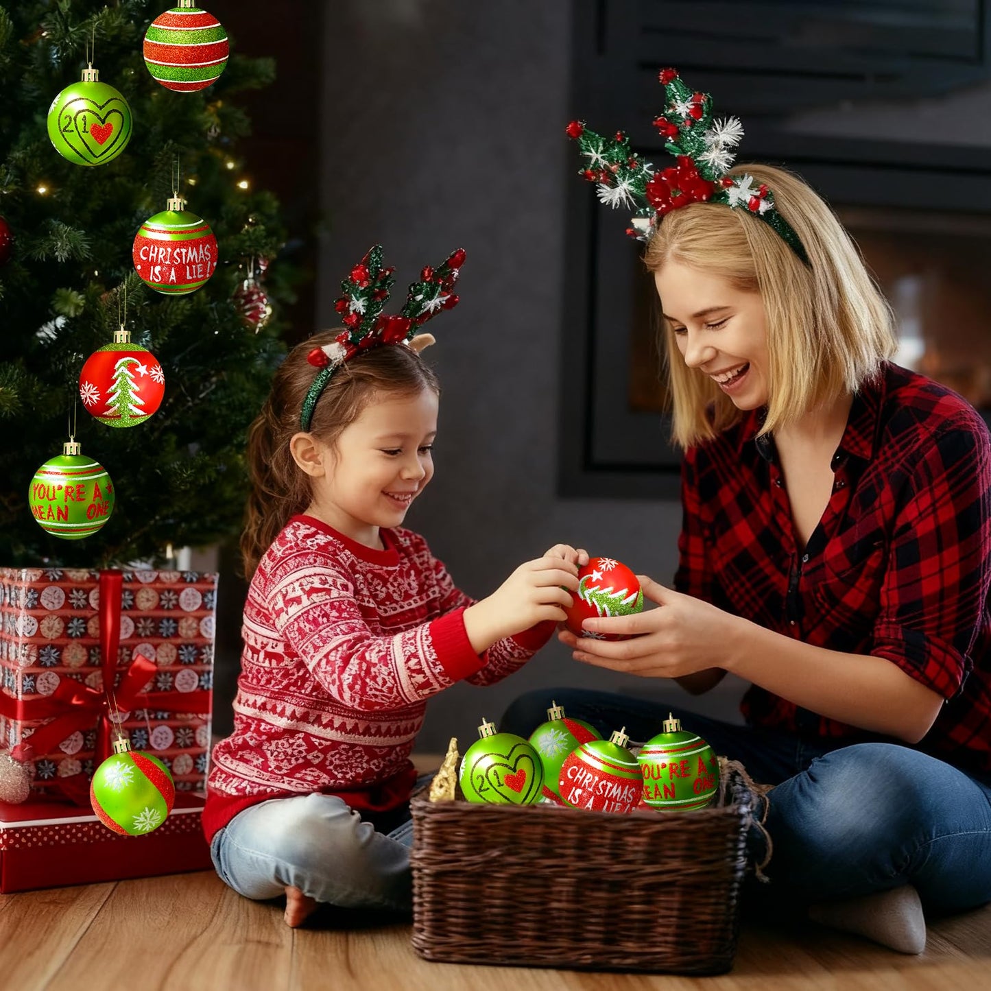 24 Pcs 2.4 Inch Christmas Ball Ornaments,Glittering Plastic Hanging Decorations Swirl Candy Cane Peppermint Red and Green Christmas Tree Pendants for Xmas Tree Decoration