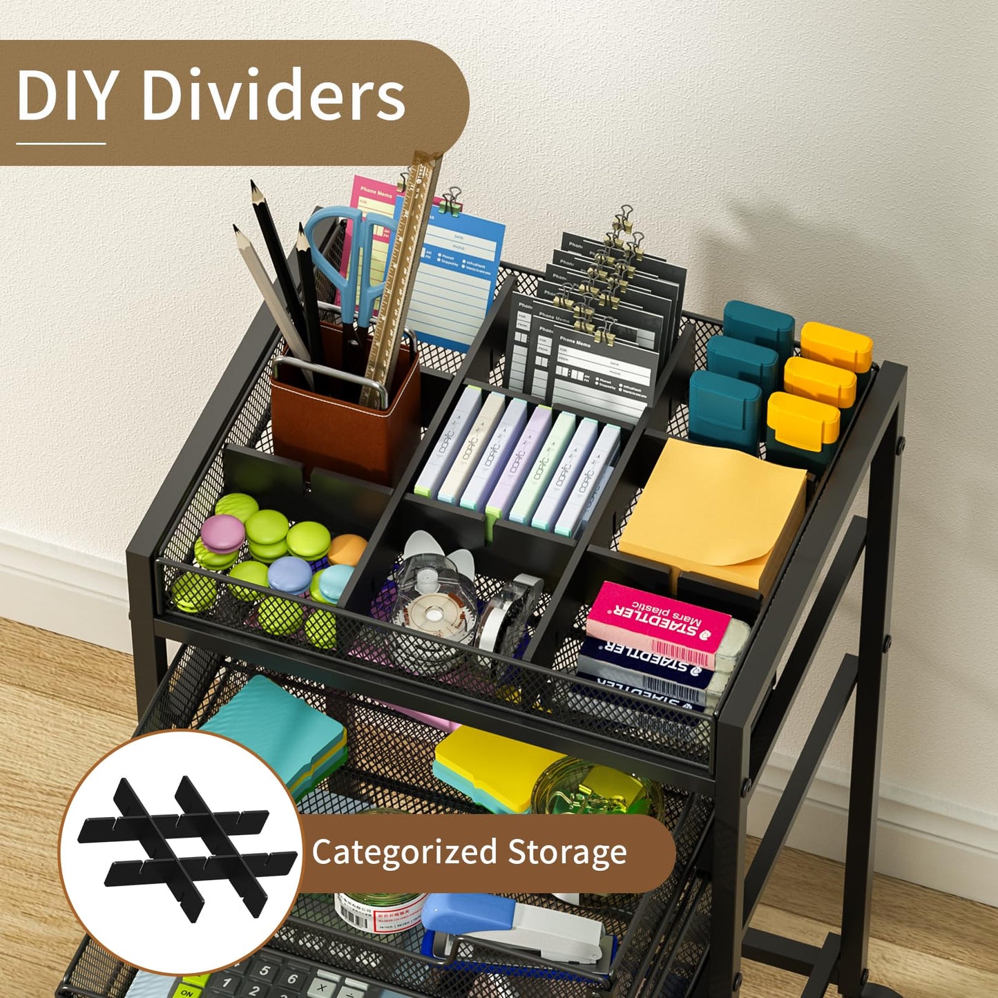 Rolling File Cart with 3 Storage Drawers, Under Desk Filing Cabinet with DIY Divider, Hanging File Folder Organizer on Wheels, Fits A4/Letter Size, Metal Utility Cart for Home Office, Black