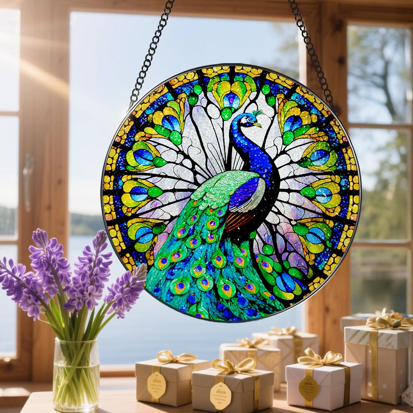 8 Inch Stained Glass Suncatcher Ornament, DOUHASU Peacock Sun Catchers Indoor Window, Stained Glass Window Hanging, Home Decor, Peacock Lovers for Mom, Grandma, Friend, Bestie, Couple