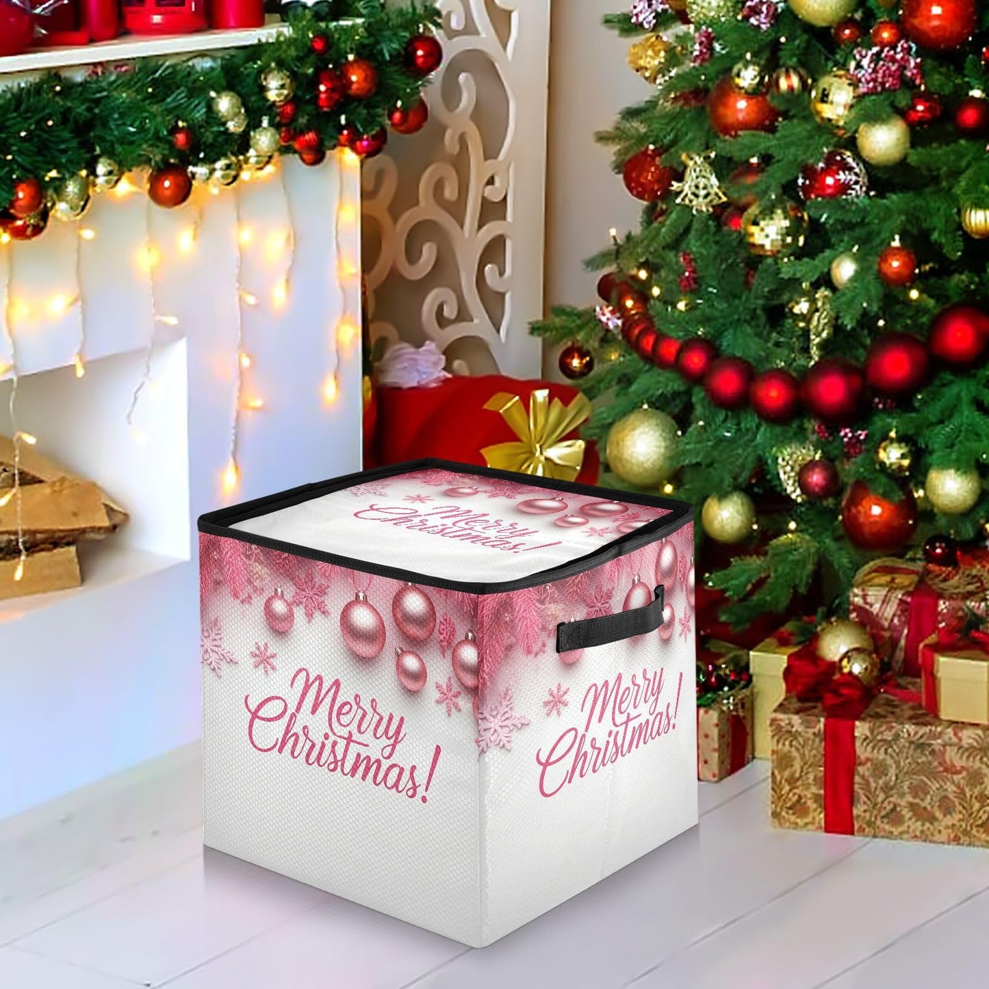 Gravopti Merry Christmas Pink Christmas Ornament Storage Box with Dividers, Holds up to 64-3" Holiday Ornaments, Collapsible Xmas Decoration Container with Lid & Handles, 13x13 Inch