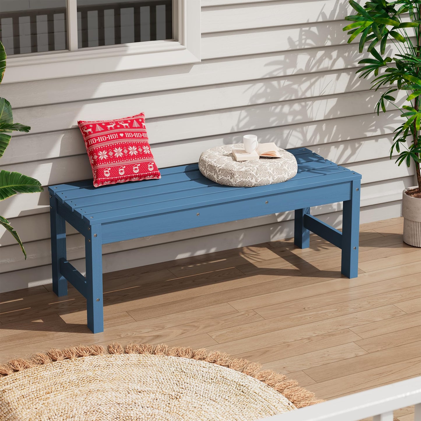 SERWALL 47 Inches Outdoor Bench, All Weather HDPE Backless Bench with Wood Grain Texture for Garden Porch and Park, Curved Bench Seat for Comfort, Blue