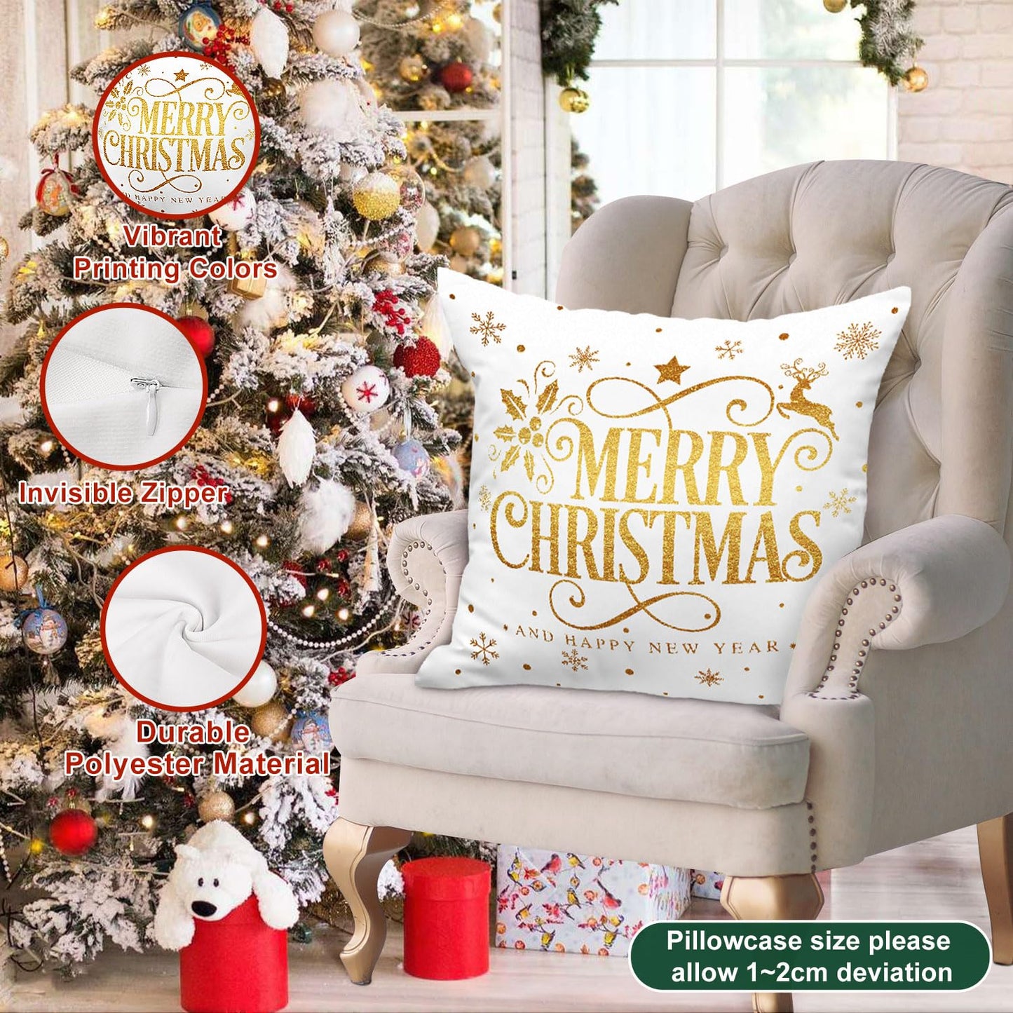 Lanpn White and Gold 18x18 Christmas Pillow Covers Set of 4, Decorative 18 Inch Navy Winter Snowflake Throw Pillow Case Xmas Cushion Cover for Indoor House Sofa Gold