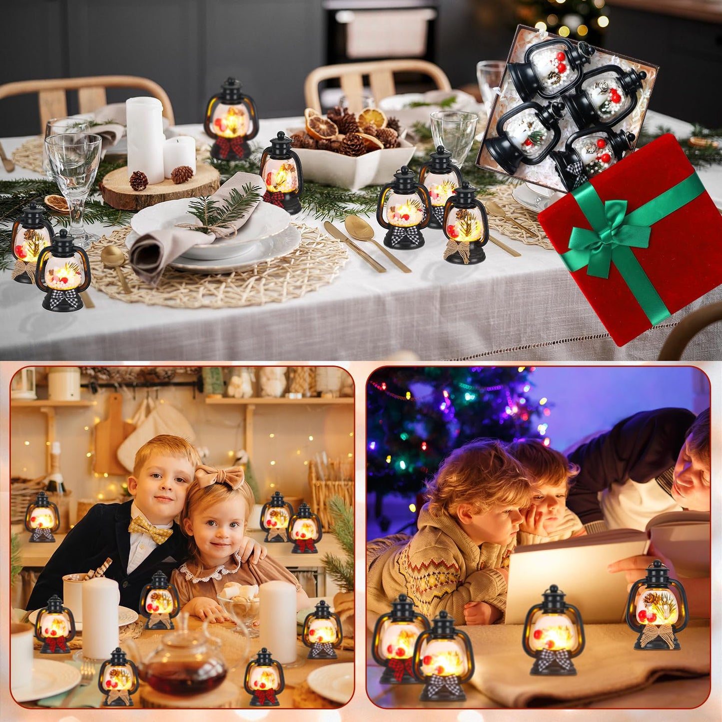 ROCEEI 12 Pcs Mini Christmas Lantern with Pine Cones, Berries, Pine Branches Flickering LED Candles Vintage Christmas Lantern with Bow Tie Ornament Hanging Candle Lantern Table Centerpiece for Xmas