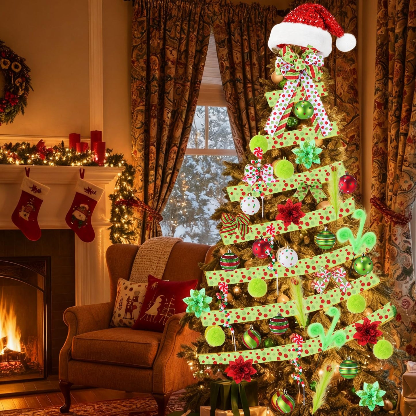 Halfchet 43 Pcs Christmas Tree Hanging Decorations Xmas Tree Ornaments Holiday Mini Pendants Ribbon Candy Red White and Green Hanging Ornaments for Party Decoration