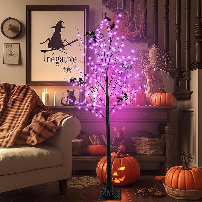 Halloween Lighted Tree with 260 LED Lights, 6FT Black Halloween Tree with Timer, 8 Modes, Dimmable, Spider Web & Bats DIY, Indoor Outdoor Halloween Decorations