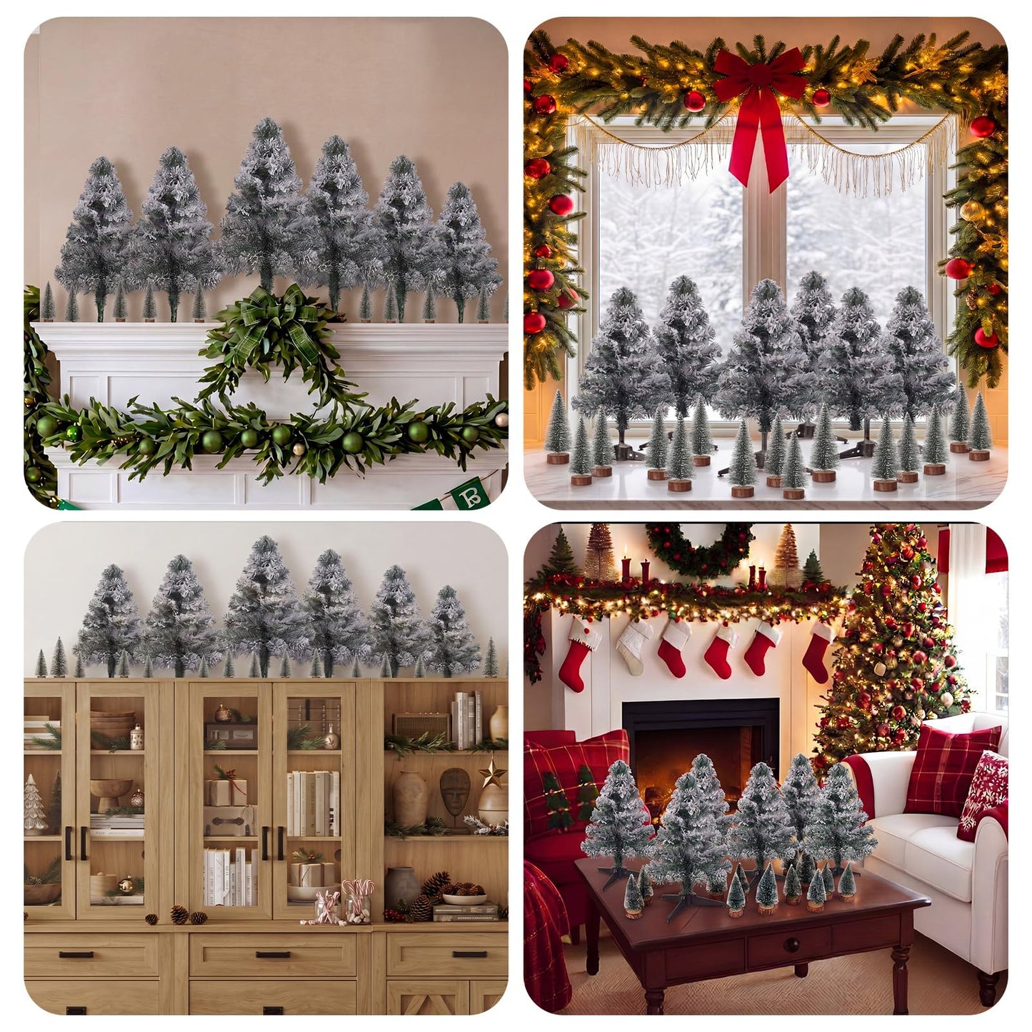 Sanwuta 21 Pcs Above The Cabinet Christmas Tree Decor 6 Flocked Snowy Trees 15 Mini Snowy Brush Trees Over The Cabinet Decorations Winter Xmas Tree for Mantel Bookshelf Table Indoor Kitchen Decor