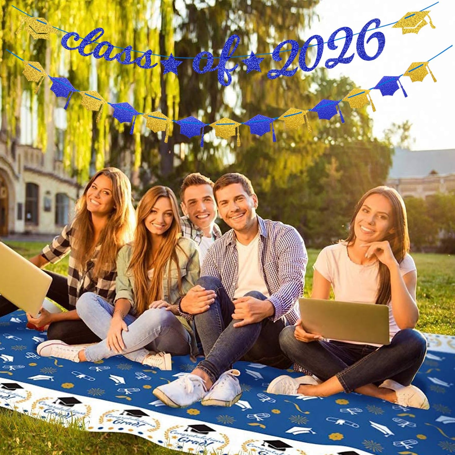 Navy-Blue White-Gold Party-Decorations Graduation Banner - 8pcs Kits Class of 2026 Cap Garland Streamers, Paper Tissue Pom Poms Flowers, Congratulations Grad Decor Lasting Surprise