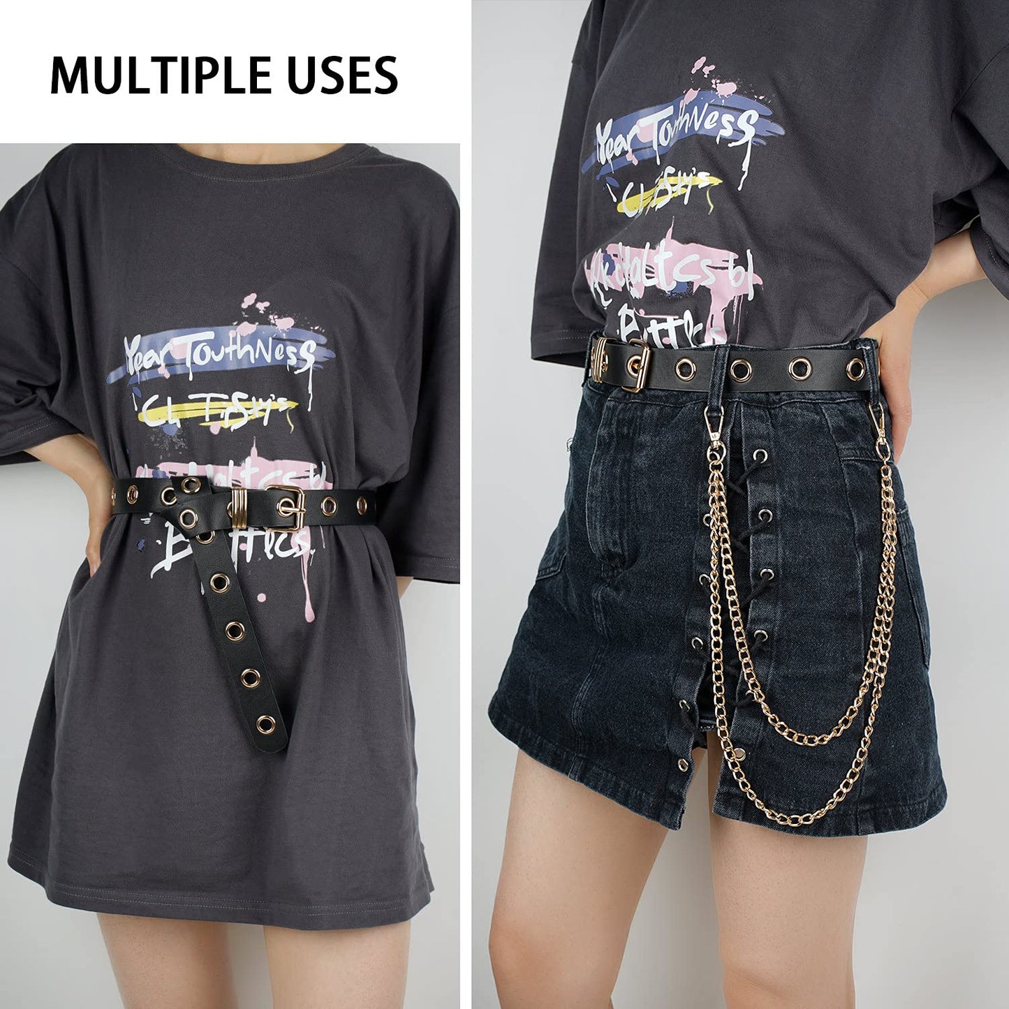 FIORETTO Grommet Leather Belt with Detachable Chain Women Men Punk Rock Waist Belts for Jeans Pants Single Holes (With Gold Chain)