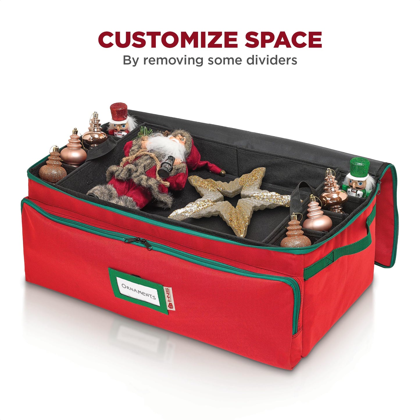 Premium Christmas Ornament Storage Box – Holds up to 72-3” Ornaments + 6 Side Slots for Figurines & Nutcrackers – Holiday Decoration Organizer – Durable 600D Red Canvas