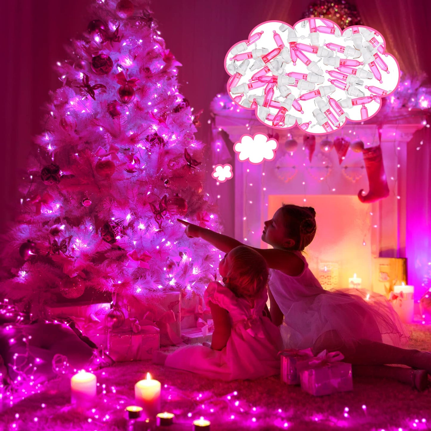 Remagr 120 Pcs Christmas LED Replacement Bulb Mini Wide Angle LED Xmas Bulbs Tree Light Outdoor String Light Replacement for Christmas Garden Party Decor(White Base with Pink Bulb)