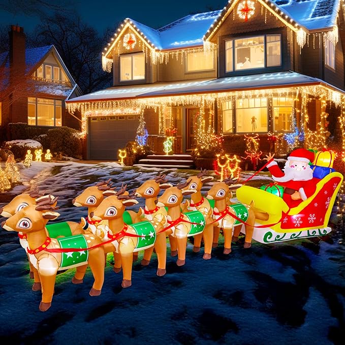 12 FT Christmas Inflatables with Santa Claus Reindeer Built-in LED Lights Blow Up Christmas Decor for Christmas Party Holiday Outdoor Garden Lawn Yard Decorations
