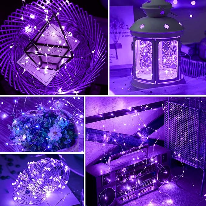pozzolanas 50 Pack Purple Fairy Lights Battery Operated 3 Modes 7FT 20 LED Waterproof String Lights Twinkle Silver Wire for Mason Jars Wedding Christmas Halloween Part Decor (50, Purple)