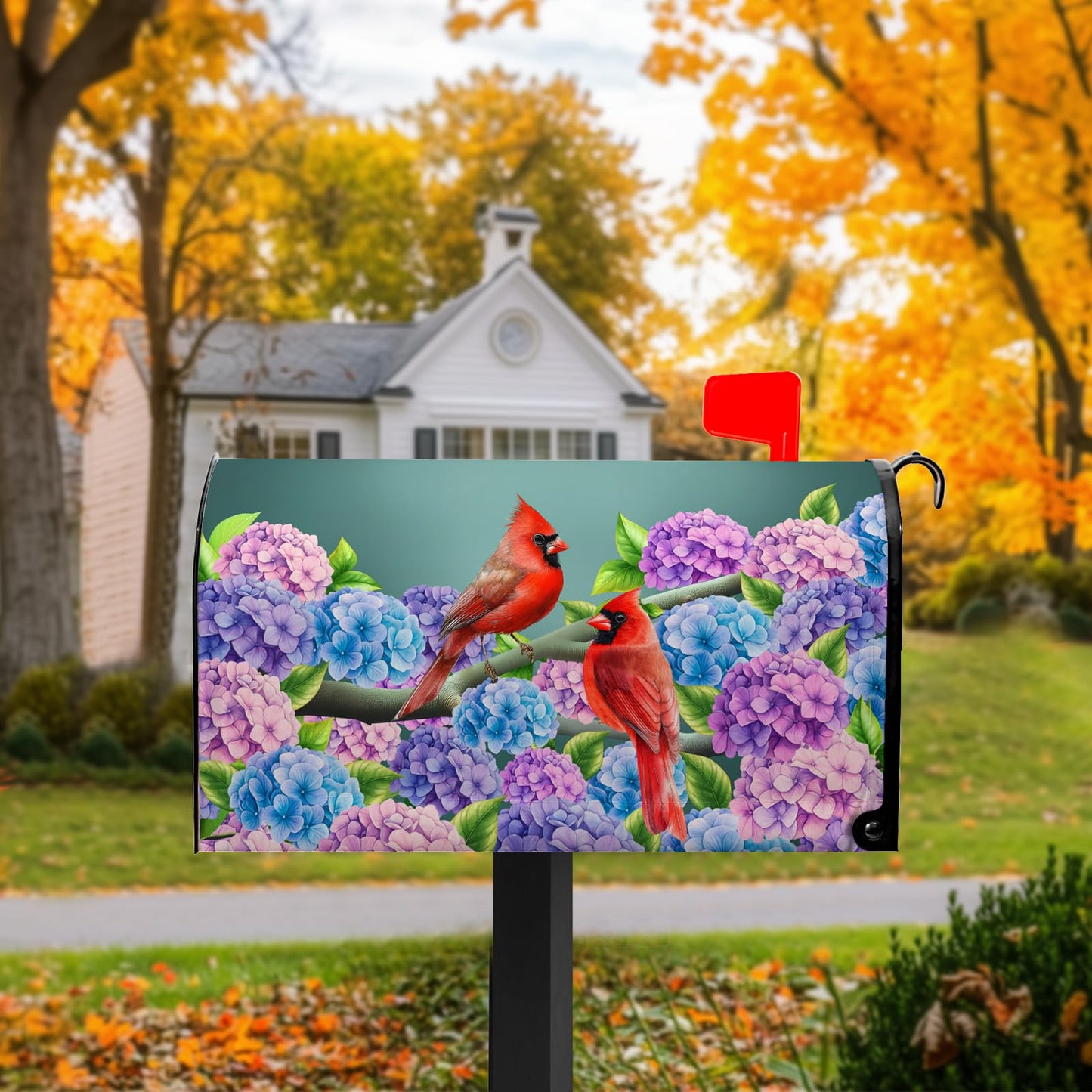 Summer Hydrangea Mailbox Cover Spring Cardinal Bird Mailbox Covers Magnetic Standard Size 21x18 in Blue Purple Floral Post Letter Box Cover Wrap for Home Farmhouse Garden Decor