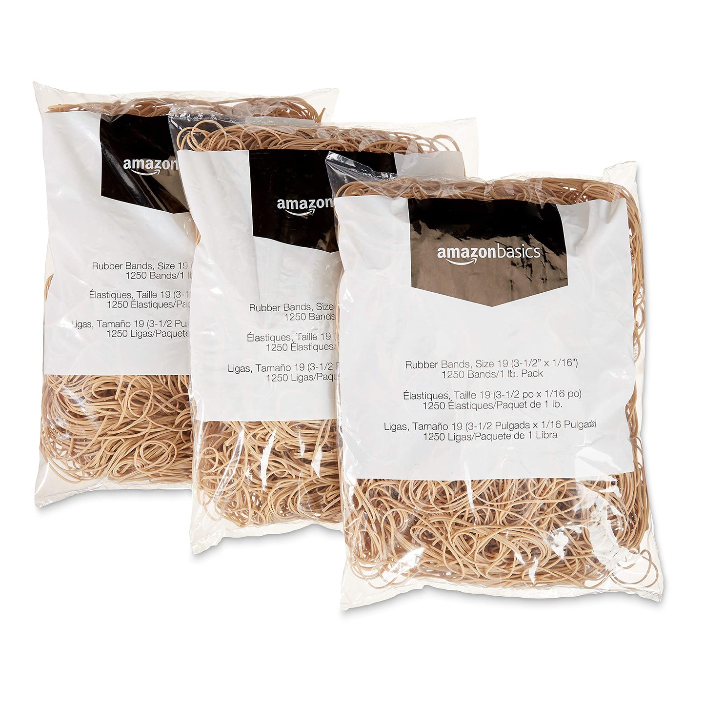 Amazon Basics Rubber Bands, Office Supplies, Size 19 (3-1/2 x 1/16 Inch), Stretchy, 1250 Bands/1 lb. Pack, 3-Pack, Tan