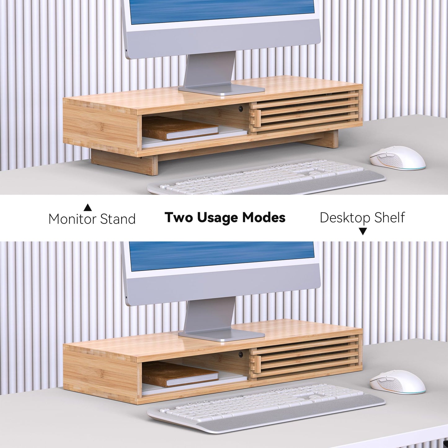 WELL WENG Monitor Stand Riser with Sliding Door, Computer Laptop Stand Desk Shelf Organizer with Storage (Natural Bamboo, 25 Inch)