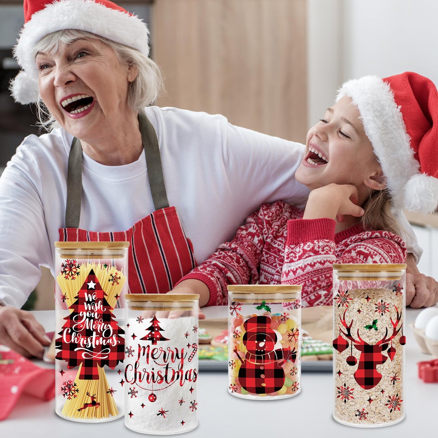 JarThenaAMCS 6Pcs Merry Christmas Glass Storage Jars with Airtight Lid Red Black Plaid Xmas Tree Snowman Reindeer Snowflake Canisters Sets for Home Kitchen Countertop