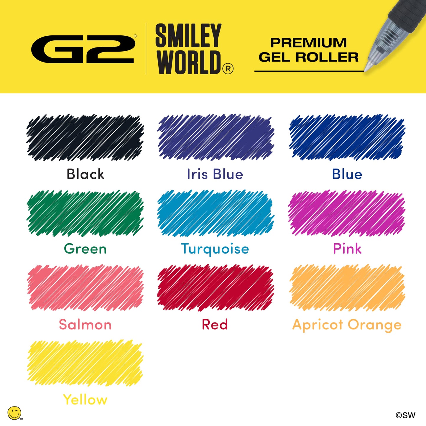 PILOT, G2 Premium Gel Roller Pens, G2 SmileyWorld Collection, Write Happier, 10 Pack Pouch, Fine Point 0.7 mm, Assorted