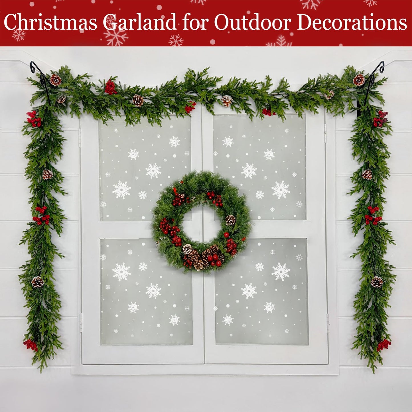 6FT Pre-lit Christmas Cedar Garland with 20 Warm White LEDs Timer Red Berries Pinecones and Soft Vine, Lighted Christmas Garland for Mantle, Table, Fireplace, Wall, Stairs, Indoor, Outdoor Xmas Decor