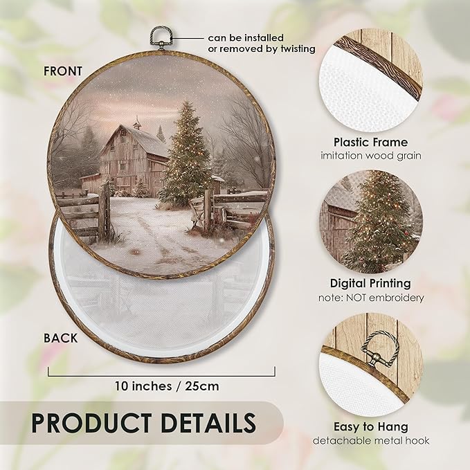 Fewgb Winter Farmhouse Christmas Tree Round Wall Art Decor Framed, Vintage Country Canvas Wall Art Prints Picture, Snowy Farm Landscape Hanging Room Decor Artwork for Gallery Bedroom Kitchen 10x10