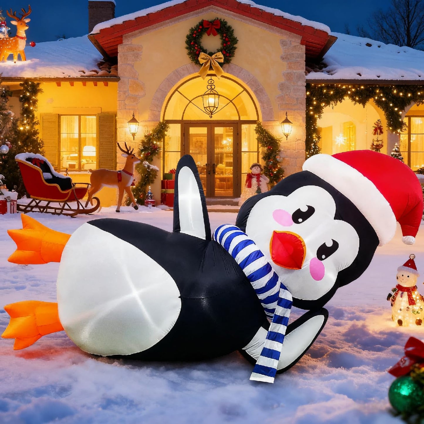 10Ft Christmas Inflatables Outdoor Decoration, Inflatable Penguin with Scarf Laying Down Christmas Blow Ups Yard Decoration for Garden, Lawn, Home Xmas Holiday Season Decor