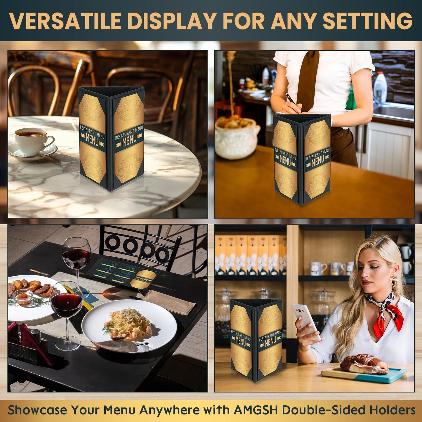 AMGSH 20 Pack 5" × 7" Table Tent Menu Covers, Leatherette PU Leather 3-Side Triangle Picture Frames with Angled Corners, Triangle Menu Holders for Restaurant Coffee Cafe Bar Drink Dessert