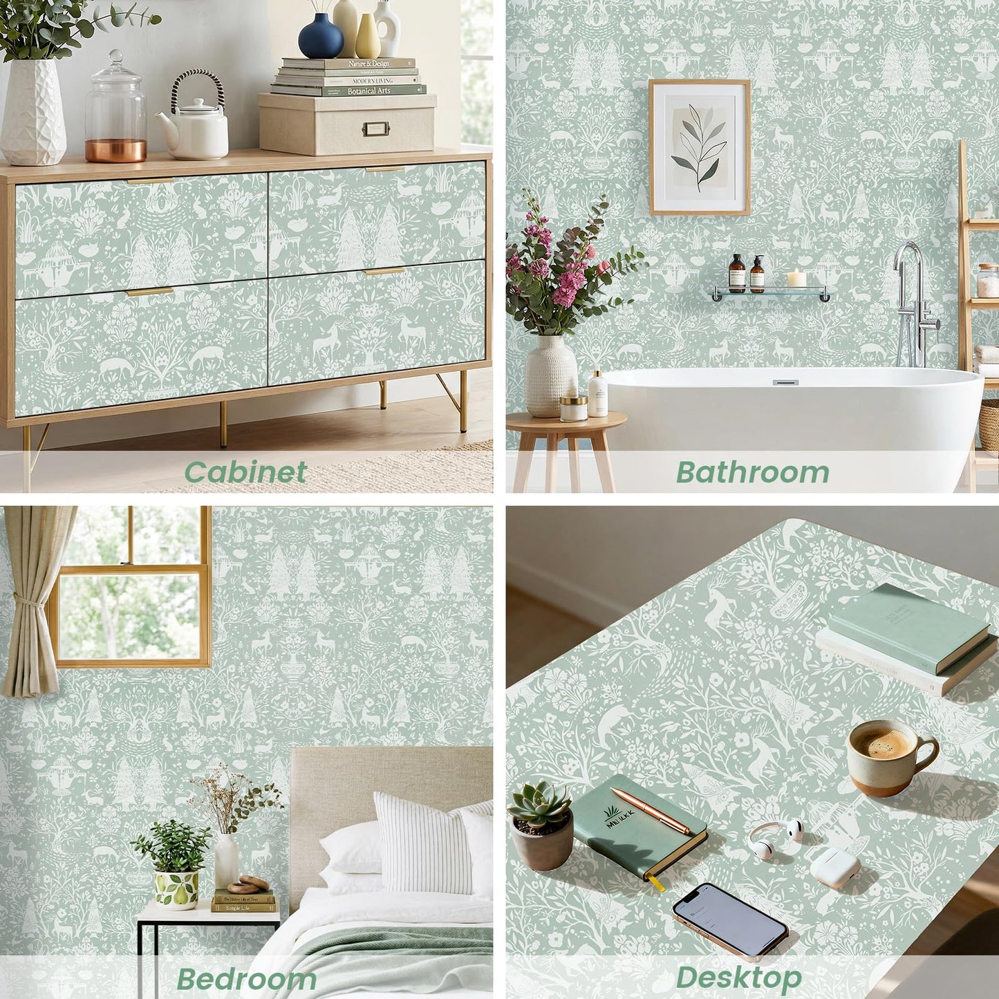 WENMER Forest Animal Wallpaper, 17.7" x 590" Green and White Contact Paper, Woodland Peel and Stick Wallpaper with Deer Rabbit Fox, Self Adhesive Removable Wall Paper for Living Room Bedroom Nursery