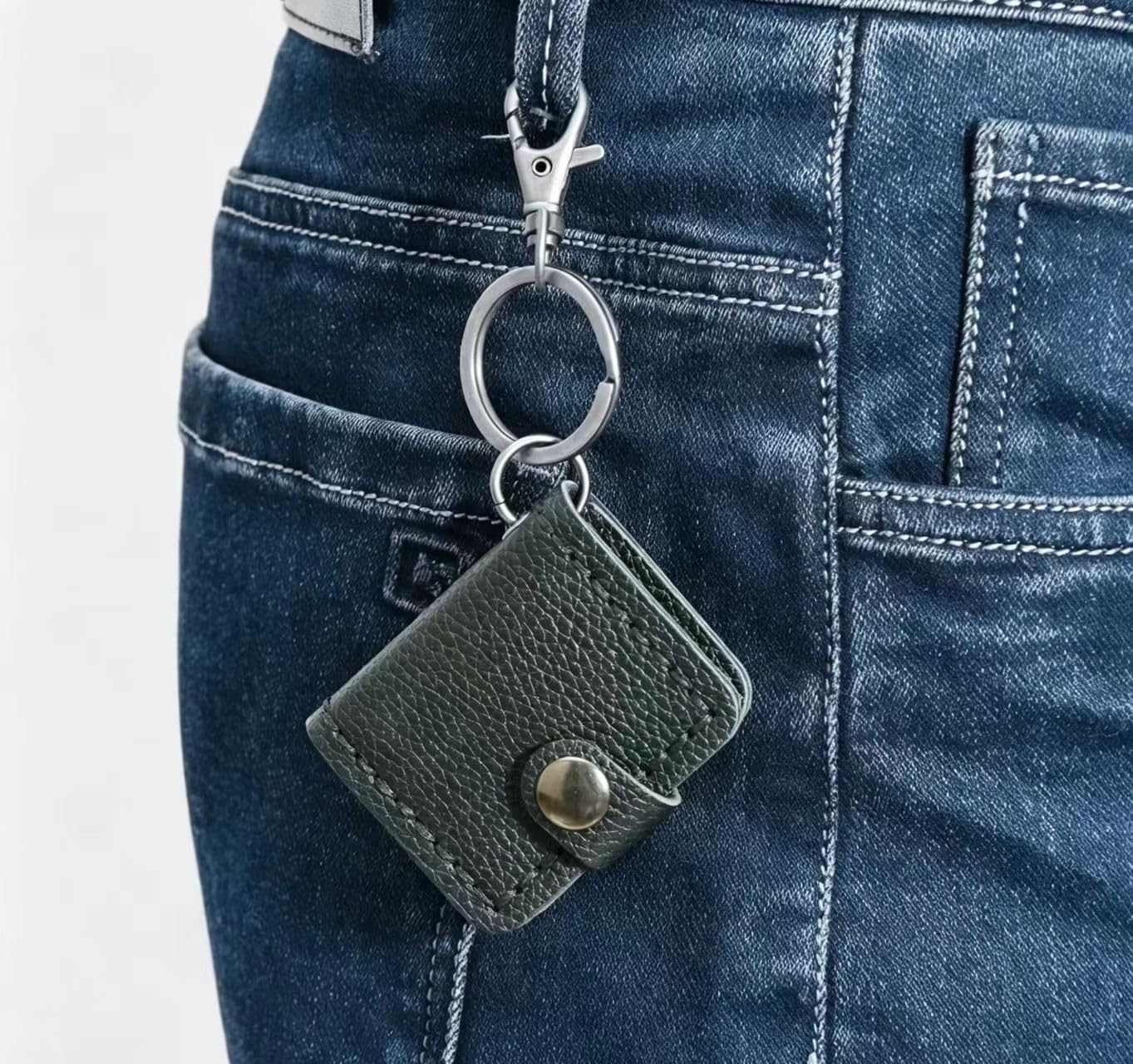 Mini Genuine Leather Photo Card Holder Keychain, Vintage Key Ring Charm with Lobster Clasp for Men Women (Black)