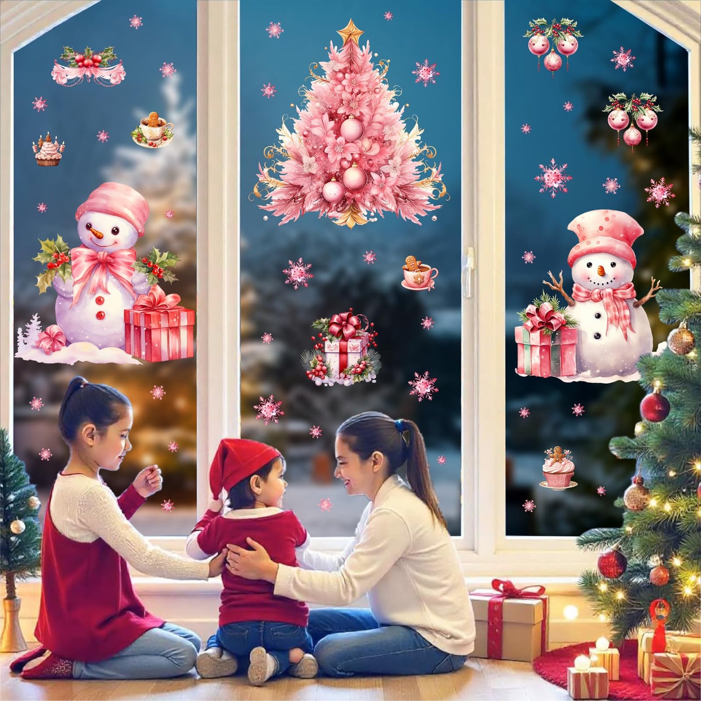 Pink Christmas Window Clings Removable Snowman Static Decals Indoor Home Decoration Double-Sided Xmas Tree Stickers for Glass Winter Pine Tree Snowflakes Cling for Living Room Holiday Party Supplies