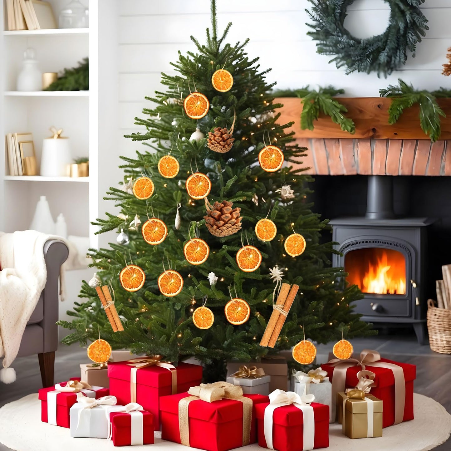 31 Pcs Christmas Ornaments Set, Natural Dried Orange Slices, Cinnamon Sticks and Pinecones, Pre-Tied Jute for Xmas Tree Hanging Decor, Rustic Holiday DIY Crafts