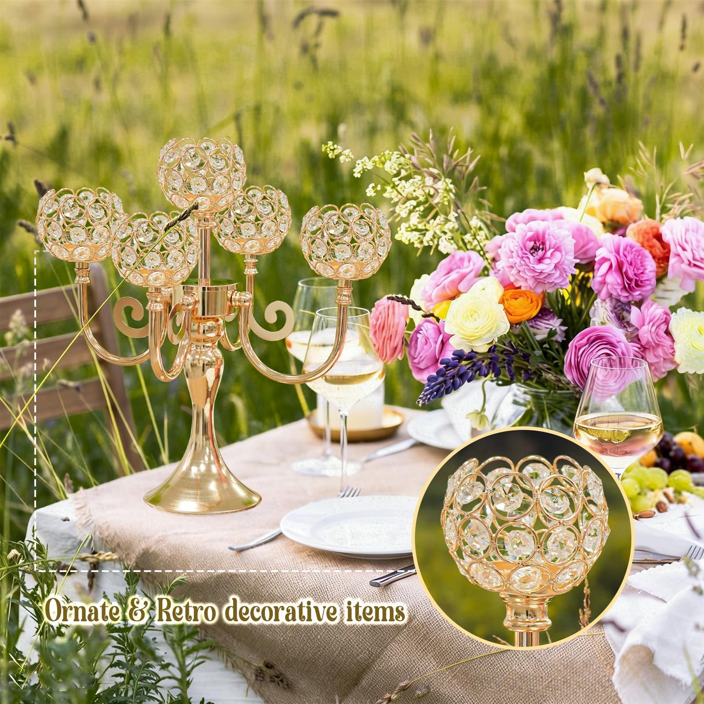 5 Arm Metal Crystal Candelabra Centerpiece - 13.4 Inch Elegant Candle Holder with Crystal Beads for Wedding Party Christmas Home Dining Table Decoration (2, Gold)