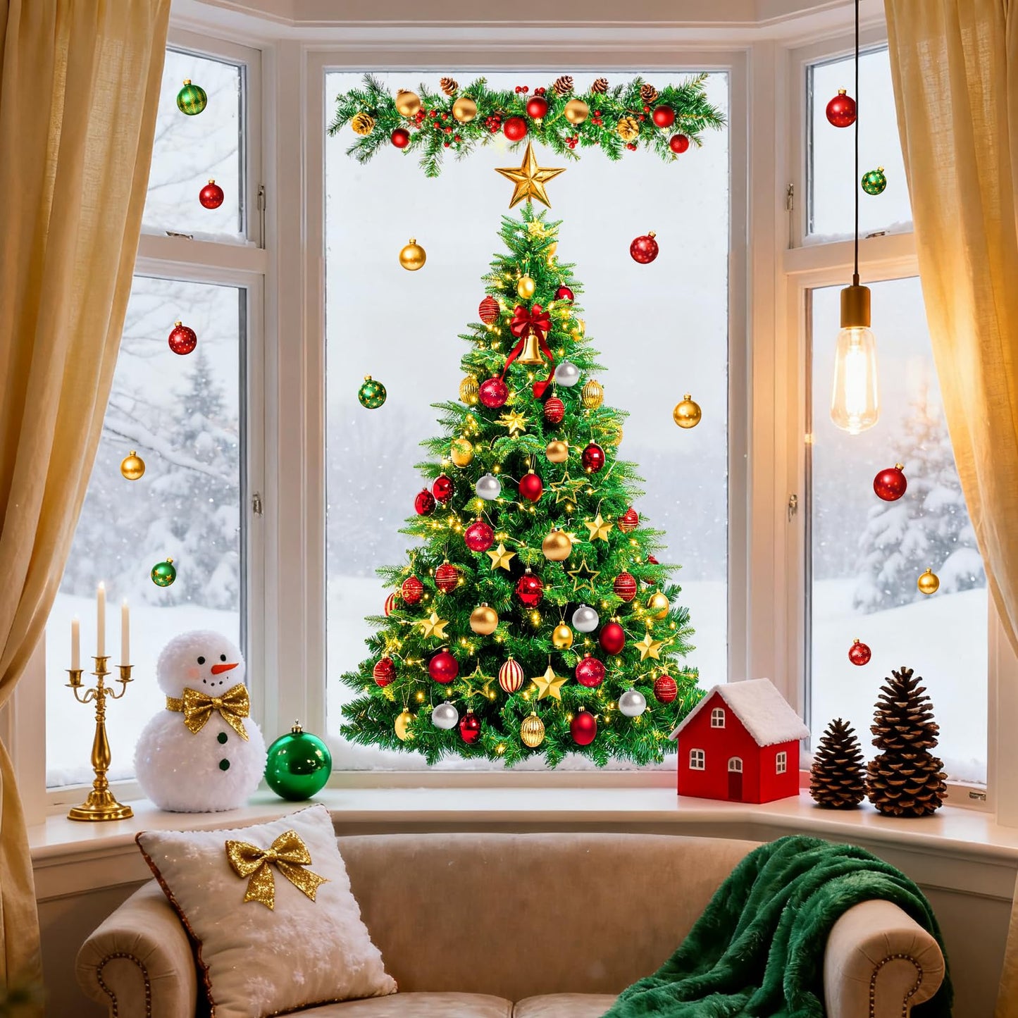 Large Christmas Tree Wall Decals Peel and Stick Merry Christmas Ornament Wall Stickers Removable Winter Tree Decals Xmas Trees Stickers Xmas Holiday Window Sticker for Party Decoration