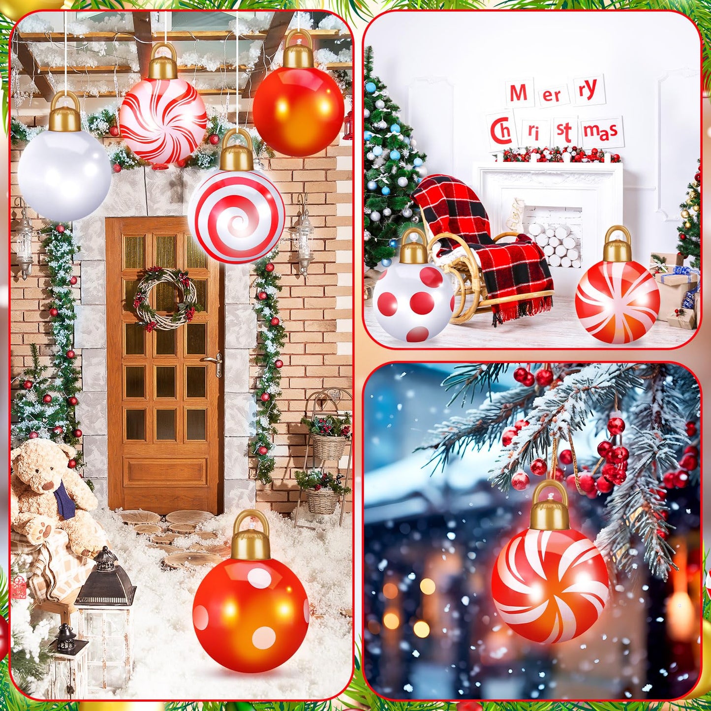 Jetec 8 Pcs 12 Inches Light Up Inflatable Christmas Balls Large Inflatable Christmas Balls PVC Giant Christmas Ornaments Oversized Christmas Balls for Holiday Garden Lawn Porch Tree