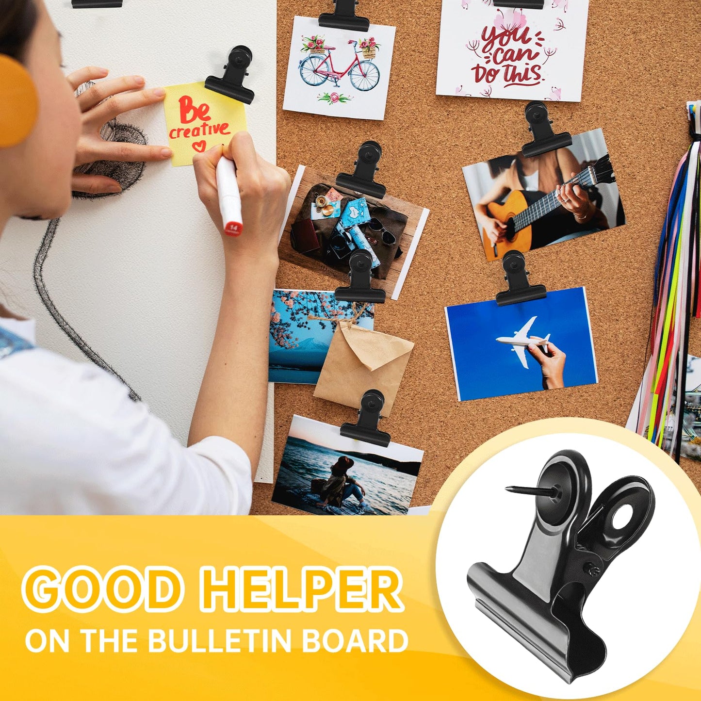 GOOLADA 36 Pieces Black Push Pins Clips Metal Push Pin with Clips Black Pushpin Clip Bulldog Clip with Pins Thumb Tacks for Bulletin Board Cork Board Cubicle Wall for Classroom School Office