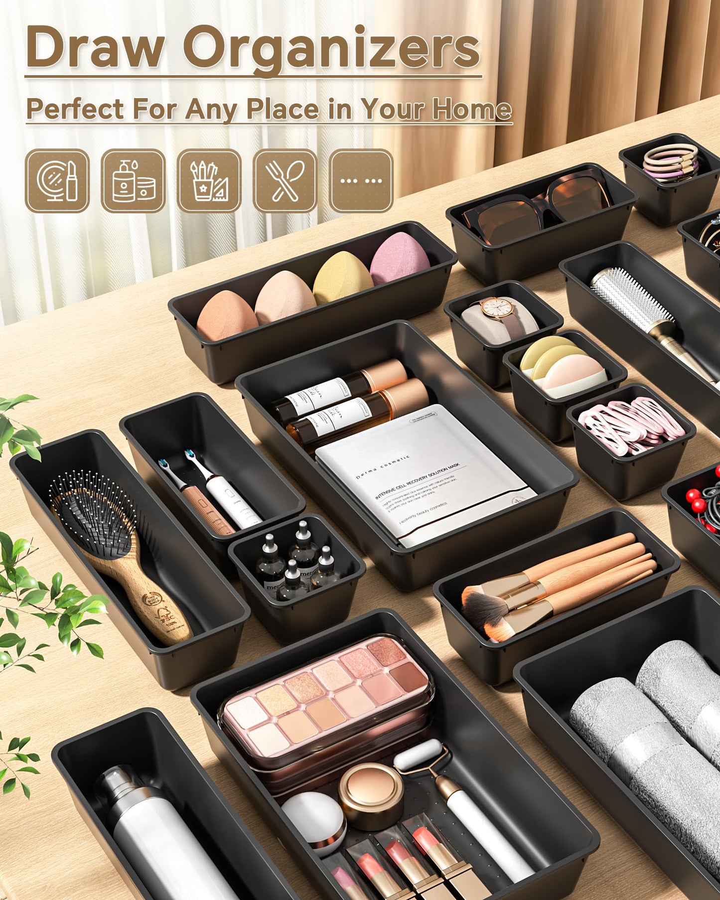 KEMETHY 25 PCS Plastic Drawer Organizers Set, 4 Sizes Vanity Organizer, Makeup and Desk Drawer Organizer Trays, Organization and Storage for Makeup, Bathroom, Kitchen Utensils and Office (Black)