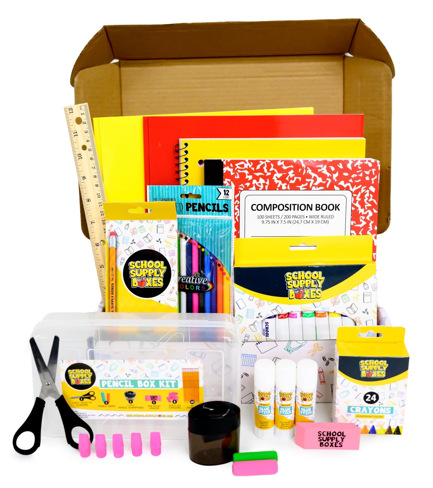 Back to School Supply Box Grades K-5 - School Supply Boxes - 32 Piece School Supplies Kit Includes Markers, Crayons, Pencils, Scissors, Folders, Glue Sticks, Notebook, and Composition Book